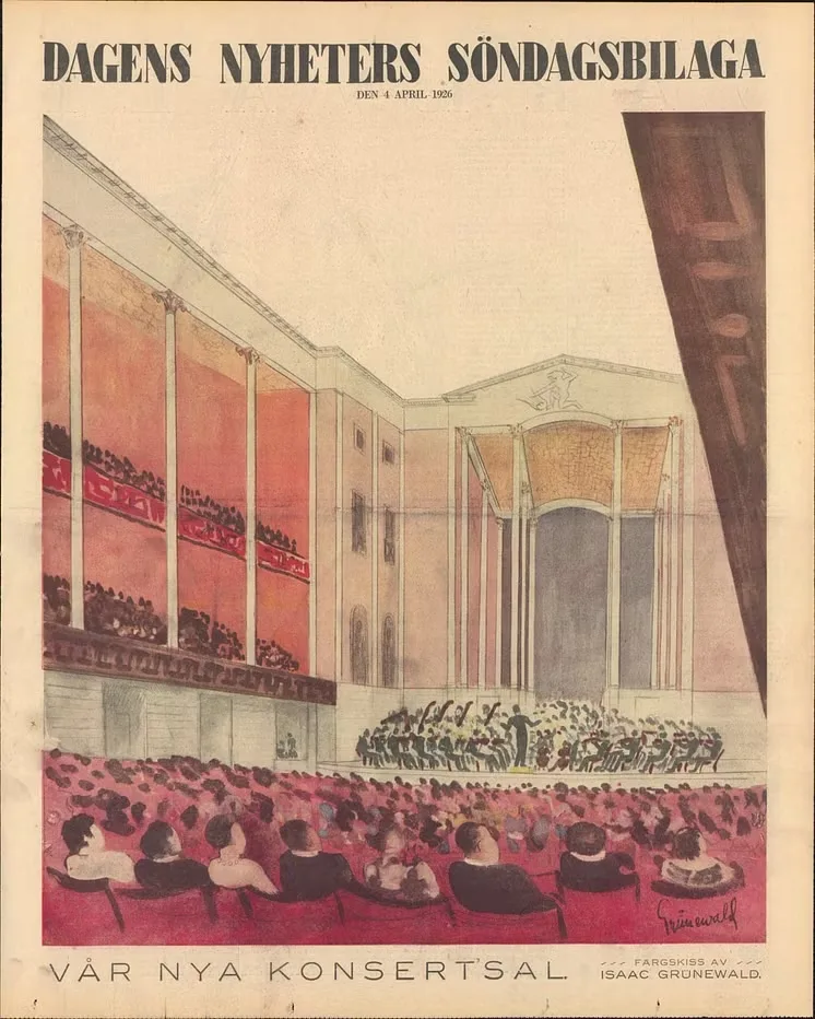 Konsertsalen inför invigningen den 7 april 1926. Färgskiss av Isaac Gruenewald